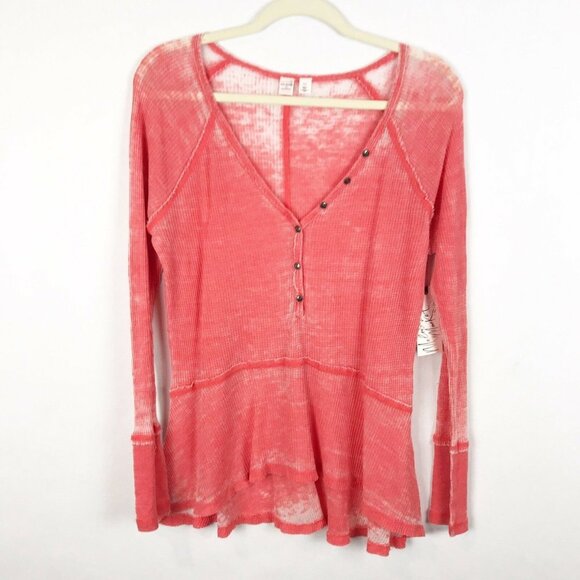 NWT Melrose and Market XS V-Neck Waffle Knit Hi-Lo Henley Peplum Orange Burnout - Picture 2 of 5